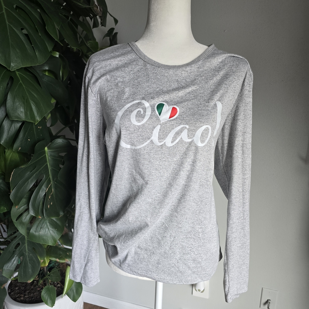 Gray Long Sleeve Tee with 'Ciao' Print